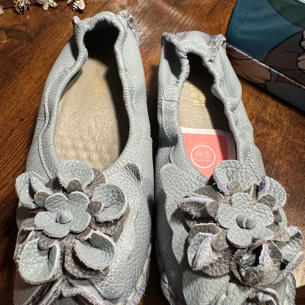Women Vintage Summer Leather Flower Spliced Shoes Blue,40